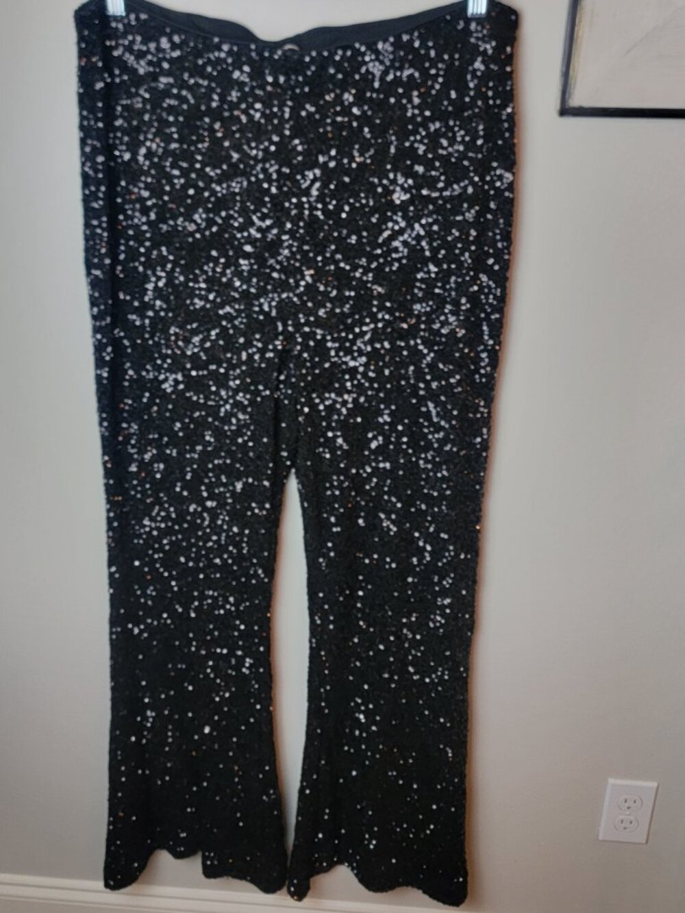 Express Black Sequin Flare Pants XL 16 Pull On High Rise Disco Party Glam - Picture 4 of 11